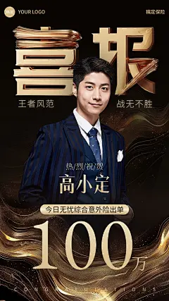 金融保险销售业绩表彰人物喜报歌手热点创意棕金奢华风手机海报AIGC