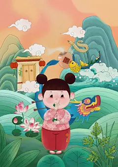 荷花少女创意高端国潮风端午节插画