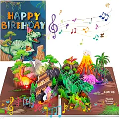 儿童男孩女孩恐龙音乐生日贺卡 - 3D 弹出式生日贺卡带彩色 LED 灯和吹蜡烛和生日音乐 - 恐龙主题生日派对礼物