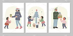 摘要冬季套圣诞和新年节日贺卡与家人、孩子、圣诞树