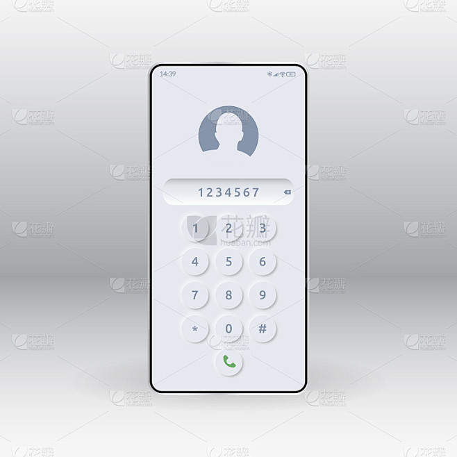 键盘上的数字屏幕电话。Neumorphic UI，圆形按钮，UX白色用户界面元素的智能手机。触摸屏设