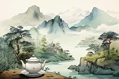 茶壶山水手绘风景插画