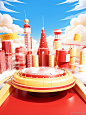 E-commerce marketing scenario，show stand，Central composition，Red hues， yellow hues， conveyor belts， arrows， floating coupons， no humans， cloud， sky， scenery， building， tower， day， outdoors， blue sky， city， cityscape， skyscraper， clock， cloudy sky， fantasy