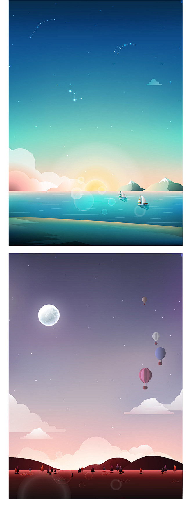 扁平夜色夜晚星空山水自然风景海边灯塔烟花...