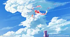 云彩金鱼猫插画·