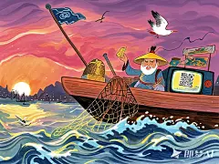 中国经典_三国演义动画剧本《荆江疯云》绘本分镜18：长江笑谈关键场景：老渔夫网捞三国残片，哼走调《滚滚长江》情感转折：历史终成茶余谈资AI提示词：景别：全景主体特征：渔网兜住残旗、断戟、美团头盔，江鸥