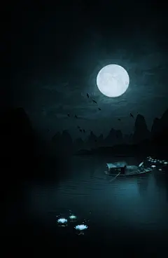 古风/底图/背景/海报/夜/江船。汜荩处理去水印。