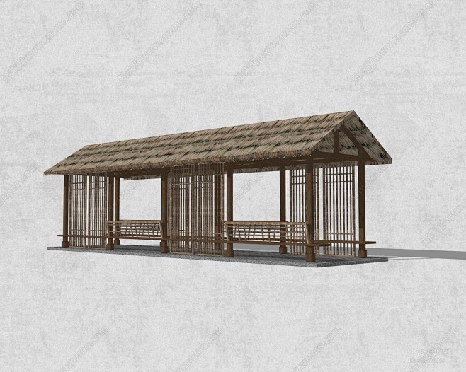现代景观廊架廊架茅草廊架休息座椅SU模型...