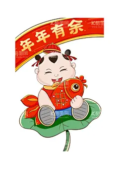 表情包设计  - 源文件下载【酷图网】年年有余,表情包,年画娃娃,设计,插画,