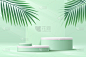 抽象的白色圆柱基座基座，浅绿色的空平台与绿色的棕榈叶，几何背景。矢量渲染三维形状，产品显示展示。粉彩