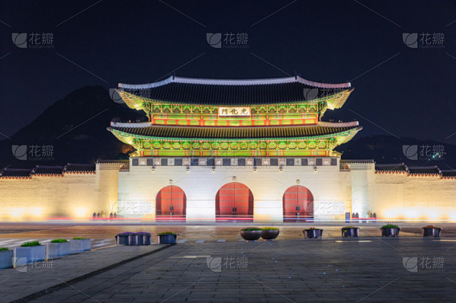 景福宫,宫殿,光华门,汉城省,首尔,亭台楼阁,龙,正面视角,水平画幅,夜晚
