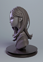 Girl Bust, Adam Esat : This started off as an exercise in trying to adapt a piece of 2D art, but ended up having a lot more fun with it. 
It's based on this piece of art by Dahliart - http://www.dahliart.jp/image/1013/12_c.jpg 

Hair was made using the ha