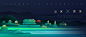 青绿色中国风山水城市水墨光线kv主视觉背景