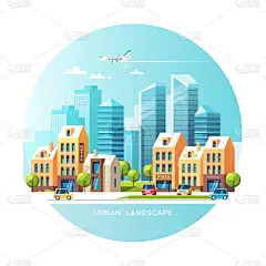 城市.城市有摩天大楼和传统建筑、房屋、树木、汽车。矢量插图.