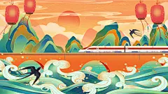 灯笼海浪高端大气国潮手绘背景插画