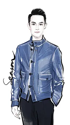 王凯kkw 酷帅蓝色皮衣亮相TODS 2016秋冬预览现场。#王凯米兰男装周##明星##影视##插画#