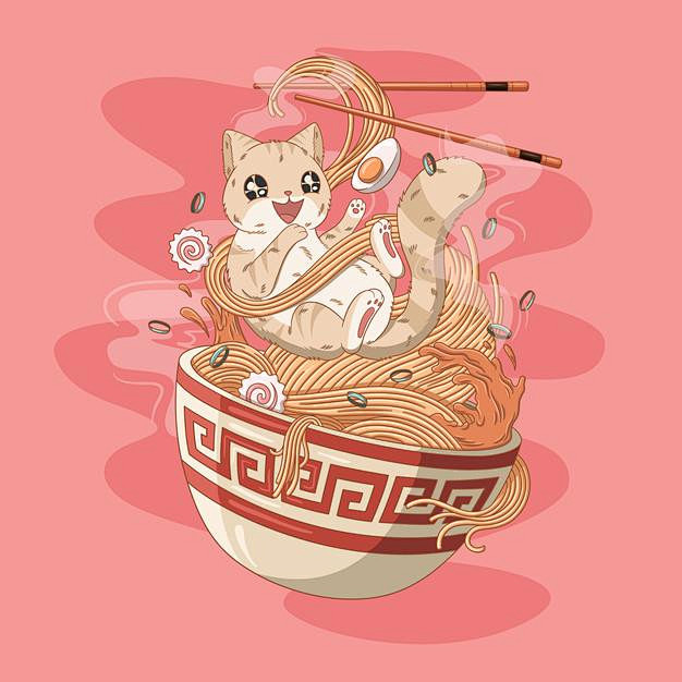 面条拉面和可爱的小猫咪食品插画矢量图素材