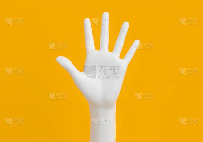 五指张开掌心手势白色的手放在黄色，3d渲染素材-花瓣网