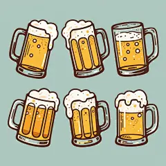 六个不同造型与角度的碰杯啤酒杯插画系列，采用手绘涂鸦风格，线条粗犷有力，色彩以深棕色为主色调，搭配暖黄色啤酒液体和白色泡沫，每个啤酒杯保持透明玻璃杯质感、细腻泡沫纹理和气泡细节，纯色背景，规整排布成集合，整体呈现欢快热闹的饮酒氛围，具有统一的手绘涂鸦艺术风格和色彩搭配。
