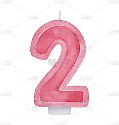 粉红色“2号”蜡烛的水彩画装饰着节日的银光。一个单一的对象。手绘水彩插图，剪辑艺术元素的设计，贺卡，