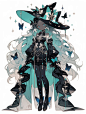 A black sorceress donning a blue hat and wings is depicted in full body form using PS1 graphics inspired by Japanese prints. The color scheme features shades of dark white and dark aquamarine, as well as nightcore elements of light emerald and light white