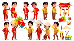 Asian Boy Kindergarten Kid Poses Set Vector. Festi