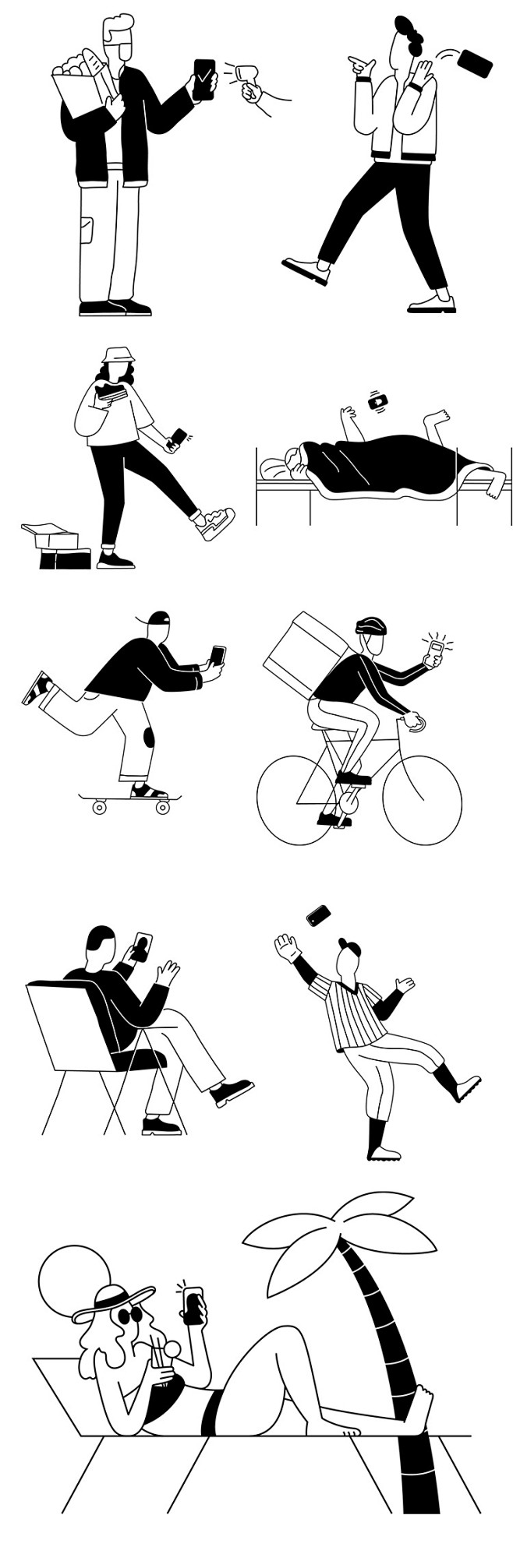35款黑白男女人物日常生活办公运动插画A...