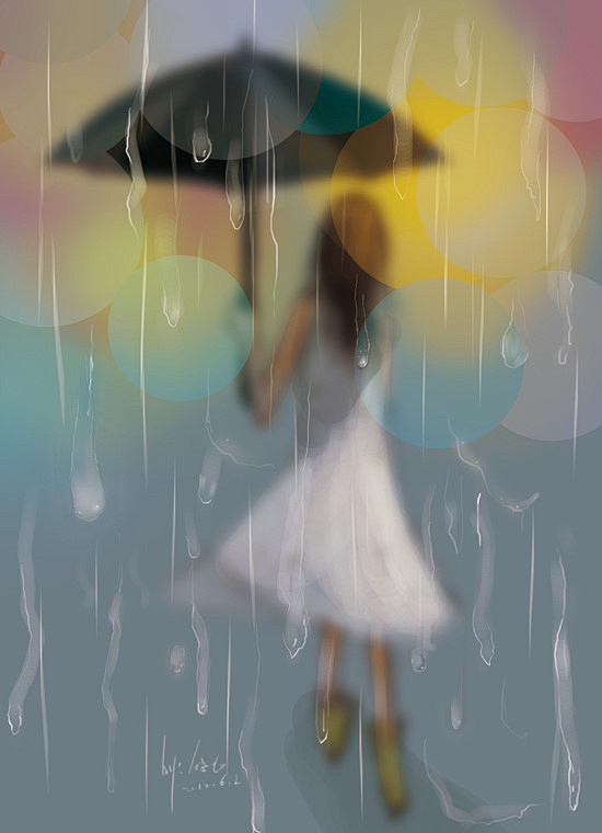 下雨了，撑着雨伞，迈着不大不小的步子，走...