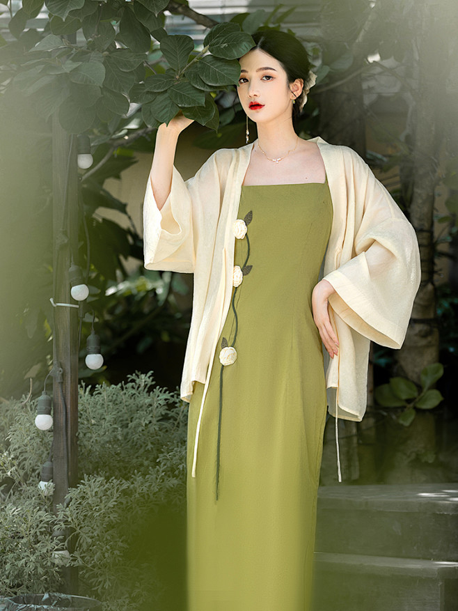 复古套装裙夏中国风绿色新中式吊带裙法式气...