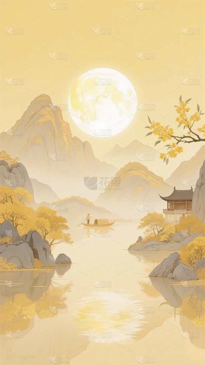 中秋节国风山水画明月满月场景背景素材-花瓣网