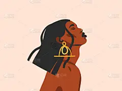 手绘矢量抽象股票平面图形插图与少数民族部落黑人美丽的非洲女人和金耳环简单的风格，孤立于白色背景