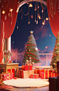 Christmas room christmas scene, in the style of vibrant stage backdrops, surrealist dreamlike scenes, aurorapunk, eye-catching, photorealistic renderings