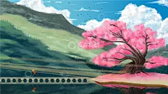 手绘风山水河岸桃花树插画素材高清模板免费下载-趣麦麦图