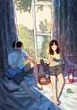 静静地看着你，像窗外的阳光般温暖 ~ 韩国画师Myeong-Minho情侣插画作品。