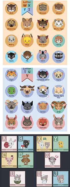 扁平可爱卡通动物主题英文字母开头动物名称头像插画AI矢量素材-淘宝网