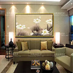 东隅油画手绘工笔新中式荷花装饰画横版客厅沙发后背壁画有框画-淘宝网