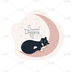 可爱的小黑猫，白色的爪子和白色的尾巴尖，蜷缩在月亮上睡觉，婴儿海报和各种各样的物品的宠物，平面风格的