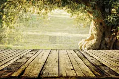 旧木桌的产品展示与自然绿色橄榄田散景背景。