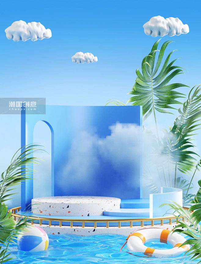 蓝色清新夏日电商产品展示台图片_潮国创意-花瓣网