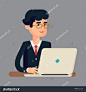 Vector modern flat design businessman character in glasses working on laptop | Male person in black suit smiling while using his personal computer  