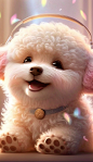 a cute and sweet pixar style white fairy baby dog, sweet smile, small Peach bloson around, wearing a big headphone, smile, enjoying music, In the background is the bright bedroom, clean sunshine, enchanting, hairy, shiny mane, petals, fairy tales, wearing