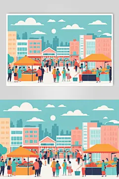 AI数字艺术家庭一起逛集市场数字贴画