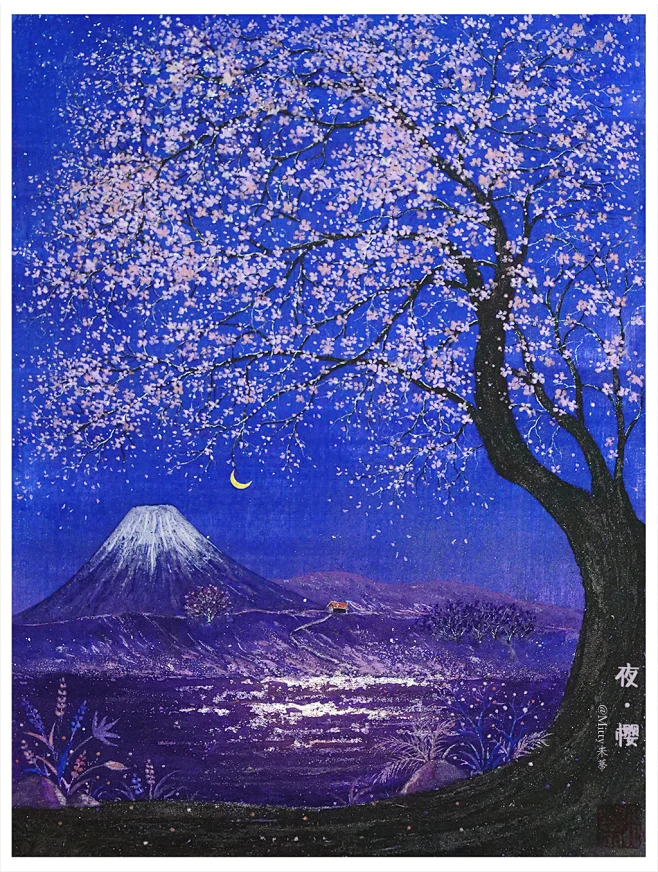 《夜樱》月照樱花落，闪着金光画出来的美～ #岩彩##岩彩画##手绘#-花瓣网