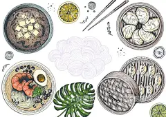 泰式美食  - 源文件下载【酷图网】矢量,插画,蒸饺,香料,冬阴功,配料,豆腐,汤,