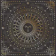 矢量金色的天体背景与华丽的几何轮廓框架箭头，星星和新月。神秘的线性方形覆盖着一个神奇的太阳轮廓面，光