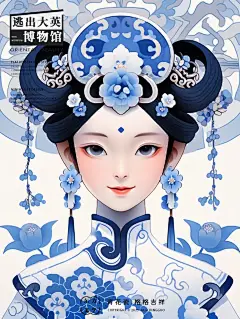 逃出大英博物馆格格吉祥-青花瓷风文创插画