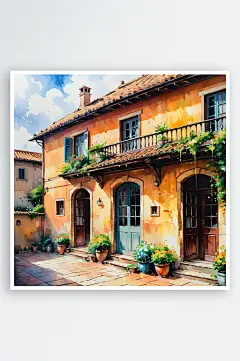 手绘油画老房子四合院插画-众图网