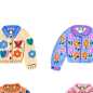 This may contain: three children's sweaters with flowers and hearts painted on them, all in different colors
