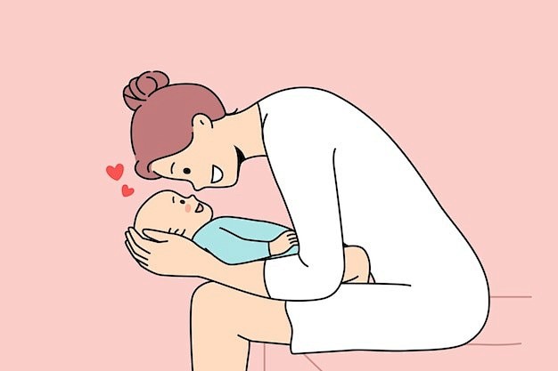 妈妈和婴儿玩耍描边插画矢量图设计素材