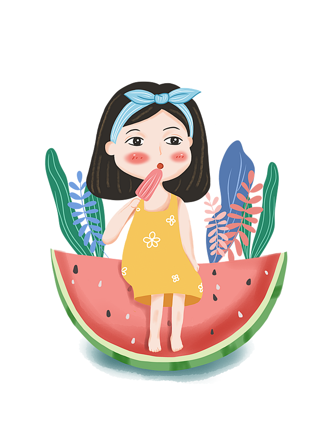 夏日大暑小暑西瓜上吃冰棍的小女